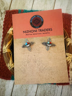 Handcrafted Old Pawn Sterling Silver & Multi Stone Sun Face Stud Earrings