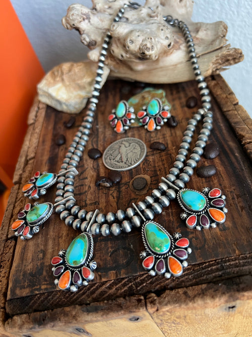 Navajo Made Sterling Silver Electric Rainbow Beaded Cluster Necklace & Earrings Set by Angela Martin