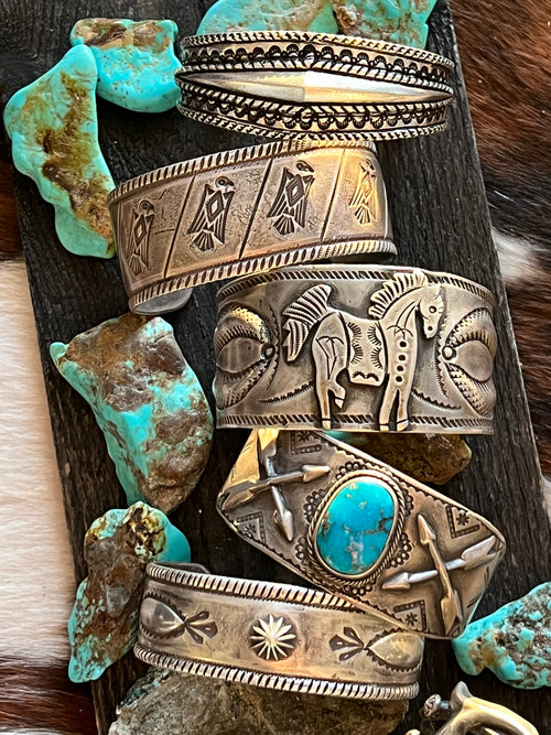 Hand Forged Old Pawn Sterling Silver Ingot Cuff Bracelet by Santa Fe Artist, Buffalo: The Birds