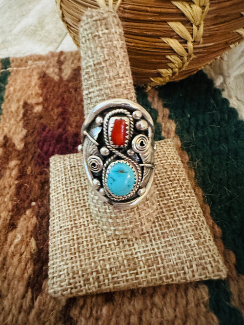 Old Pawn Turquoise, Coral and Sterling Silver Ring Size 9.5