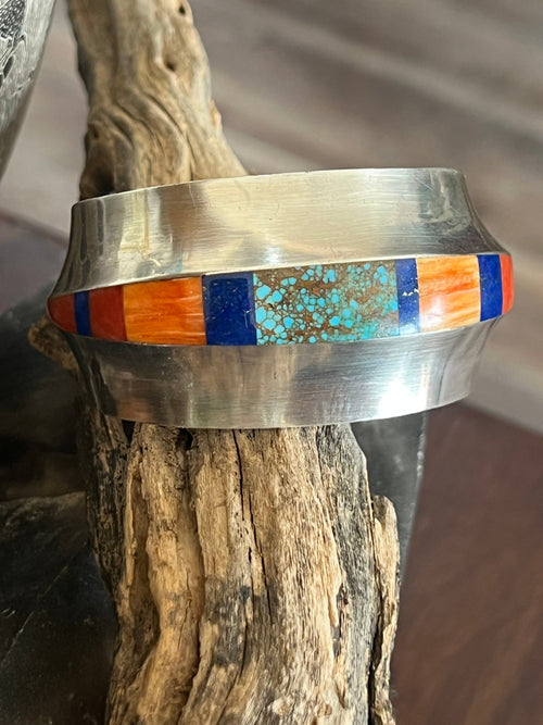 Old Pawn Sterling Silver, Number 8 Turquoise, Lapis, Spiny Oyster and Coral Inlay Cuff Bracelet by Duane Maktima
