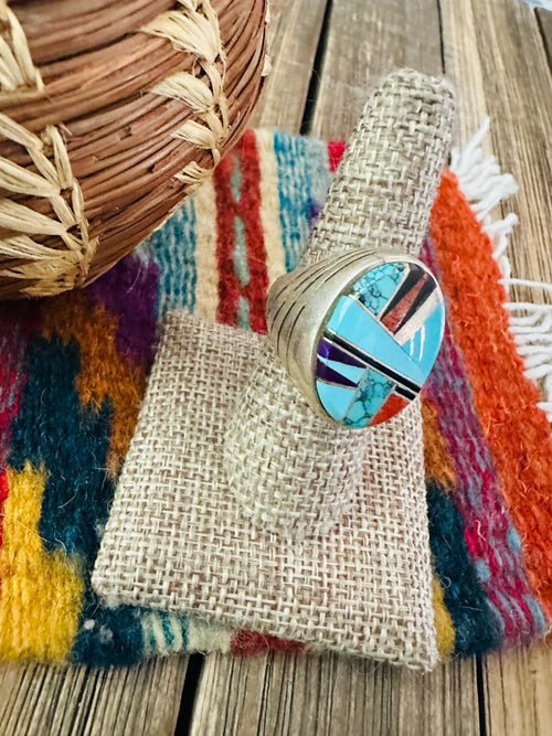 Old Pawn Handcrafted Multi Stone & Sterling Silver Inlay Ring Size 7.5 by Calvin Begay