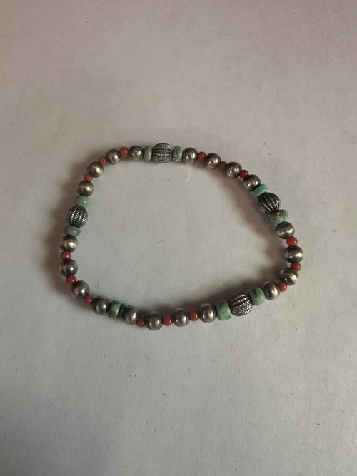 Handmade Turquoise, Coral & Sterling Silver Beaded Stretch Bracelet