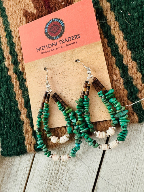 Navajo Turquoise, Shell & Heishi Beaded Hoop Earrings