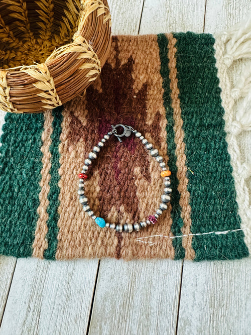 Navajo Sterling Silver Pearl, Spiny & Turquoise Beaded Bracelet