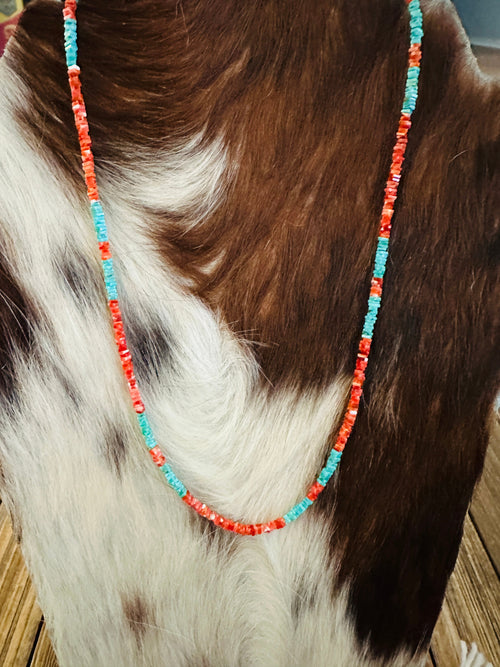 Handcrafted Turquoise & Spiny Oyster 20” Beaded Necklace