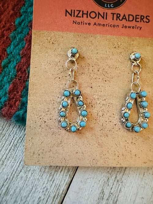 Zuni Sterling Silver & Turquoise Petit Point Dangle Earrings