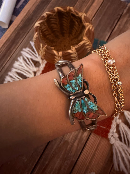 Handcrafted Old Pawn Sterling Silver, Turquoise & Coral Butterfly Cuff Bracelet