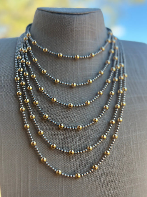 Navajo Sterling Silver & Gold Beaded Necklace 4mm - 5mm