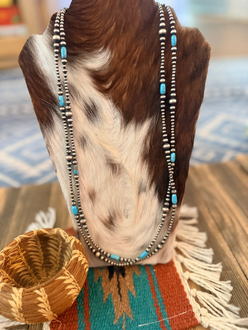 Handcrafted Turquoise & Sterling Silver Pearl Beaded 72” Necklace