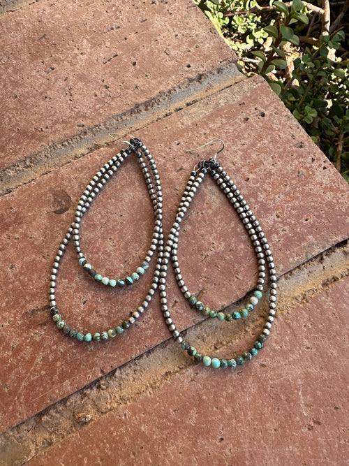 Navajo Turquoise & Sterling Silver Beaded Double Hoop Dangle Earrings LESLIE’S FAVORITE