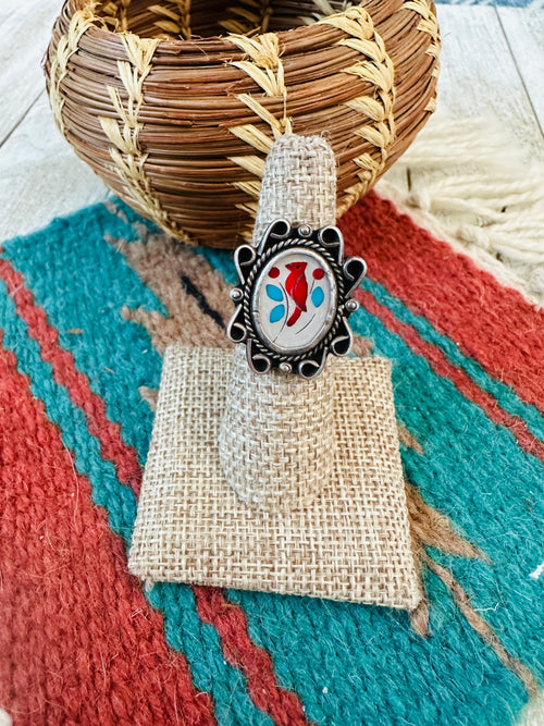 Old Pawn Vintage Zuni Sterling Silver & Multi Stone Inlay Bird Ring Size 5.5