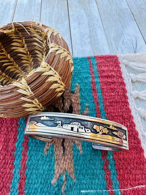 Handcrafted Old Pawn Sterling Silver with 14K Gold Overlay Storyteller Cuff Bracelet