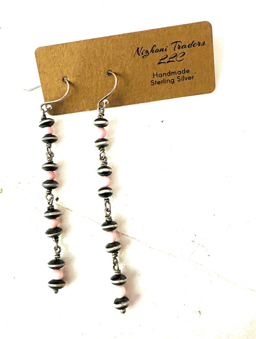 Handmade Queen Pink Conch & Sterling Silver Beaded Drop Earrings