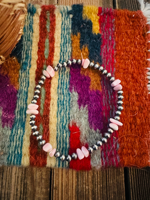 Handcrafted Queen Pink Conch & Sterling Silver Pearl Beaded Stretch Bracelet