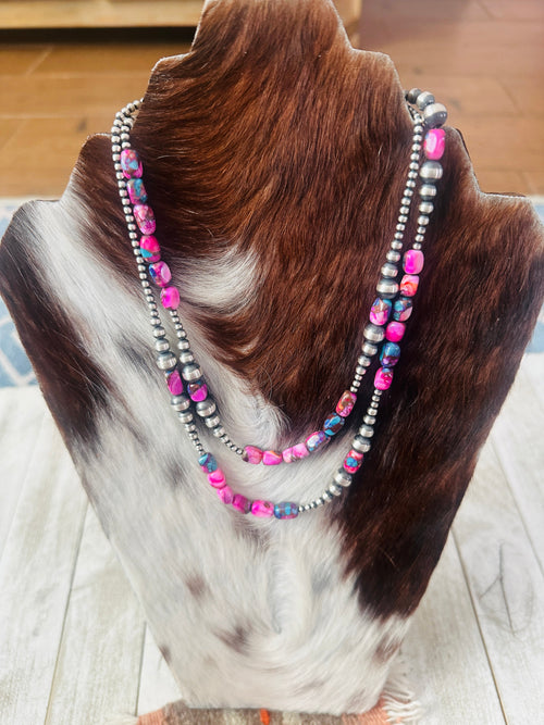 Navajo Sterling Silver & Pink Dream Mojave Beaded 36” Necklace