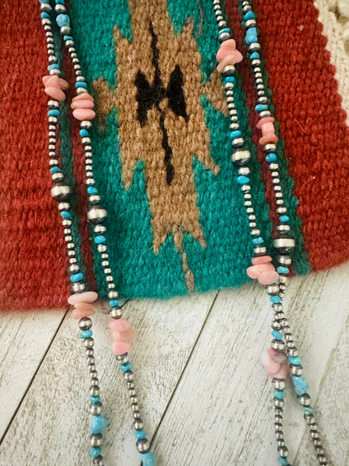 Navajo Queen Pink Conch, Turquoise & Sterling Silver Pearl Beaded Necklace 72”