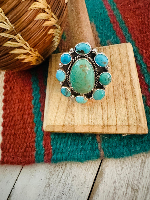 Navajo Sterling Silver & Turquoise Cluster Adjustable Ring