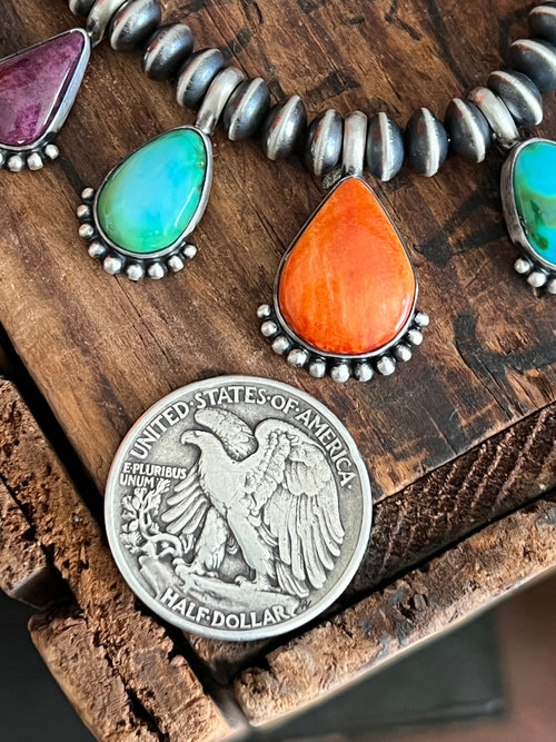 Navajo Made Sterling Silver Electric Rainbow Beaded Drop Charm Necklace & Earrings Set by Loretta Delgarito