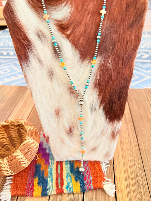 Handcrafted Turquoise, Spiny Oyster & Sterling Silver Pearl 20” Beaded Lariat Necklace