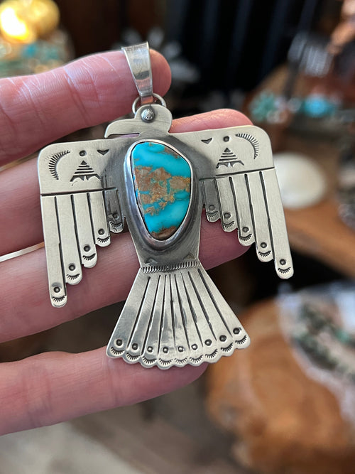Hand Stamped Sterling Silver & Royston Turquoise Thunderbird Pendant by Kimari Somers