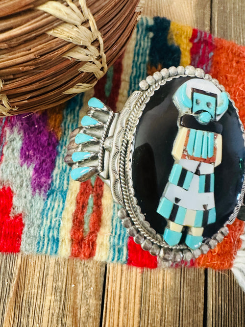 Handcrafted Old Pawn Sterling Silver & Multi Stone Inlay Kachina Cuff Bracelet