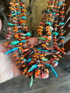 Gorgeous Santo Domingo Made Five Strand Spiny Oyster and Turquoise Beaded Squaw Wrap Necklace with Tabs by Daniel Coriz