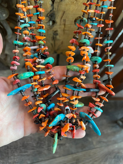 Gorgeous Santo Domingo Made Five Strand Spiny Oyster and Turquoise Beaded Squaw Wrap Necklace with Tabs by Daniel Coriz