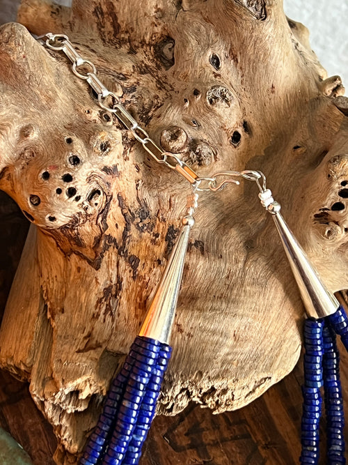 Daniel Coriz Triple Strand Lapis Beaded Necklace w/ Removable Sterling Silver & Stone Inlay Bead