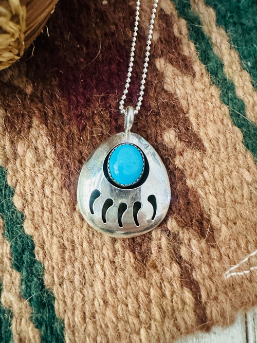 Old Pawn Navajo Turquoise & Sterling Silver Bear Paw Pendant