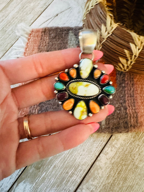 Navajo Electric Rainbow Turquoise, Spiny & Sterling Silver Cluster Pendant by Angela Martin