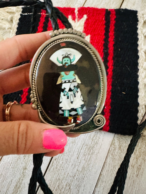 Vintage Old Pawn Navajo Sterling Silver & Multi Stone Inlay Bolo Tie