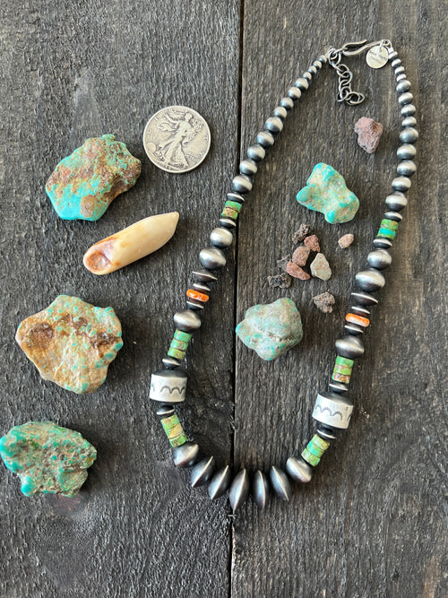 Navajo Made Electric Rainbow Sterling Silver, Turquoise and Spiny Oyster Single Strand Beaded Necklace by Rose Martin, X-tra Chunk, 18 + 2 Inches