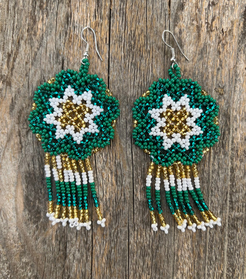 Handmade MultiColor Beaded Dangle Earrings (Green, White, & Gold)