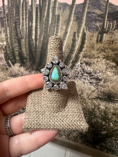 Beautiful Handmade Sonoran Mountain Turquoise , CZ And Sterling Silver Adjustable Ring