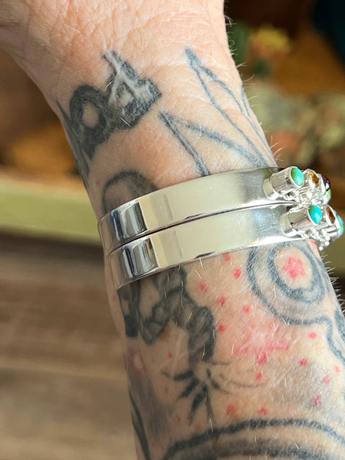 Navajo Made Sterling Silver Gems & Jewels Stacker Cuffs Bracelet by Lucy Jake, Narrow