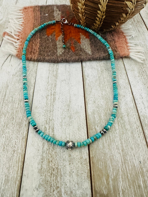 Navajo Turquoise & Sterling Silver 16” Beaded Necklace