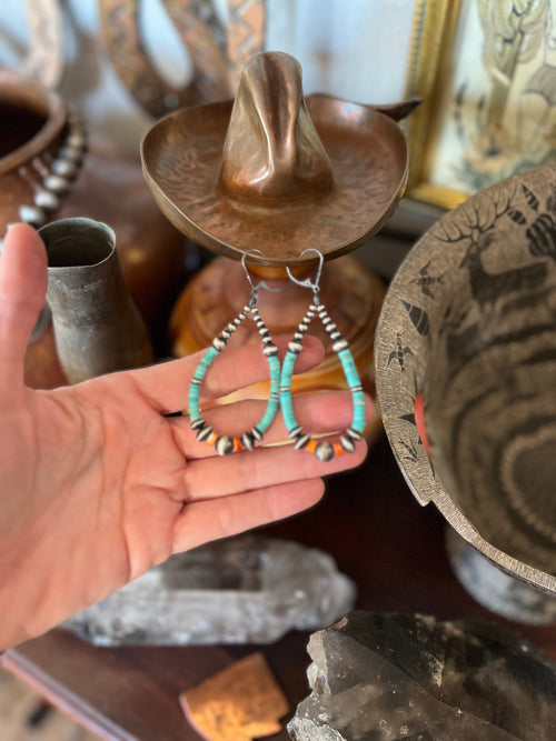 Navajo Made Sterling Silver, Kingman Turquoise and Orange Spiny Oyster Beaded Teardrop Hoop Earrings, Leverbacz