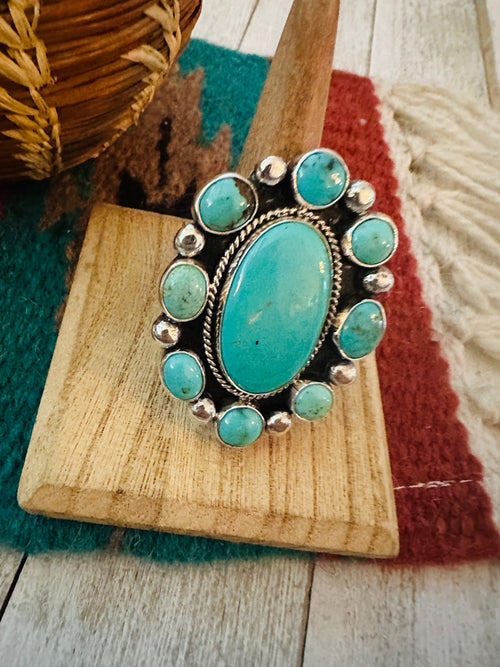 Navajo Sterling Silver & Turquoise Cluster Adjustable Ring