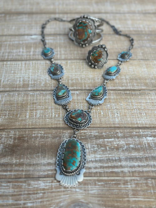 Charles Johnson Navajo Royston Turquoise & Sterling Silver Necklace, Bracelet and Ring  Set Signed