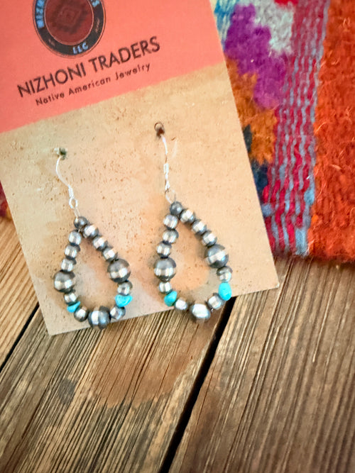 Handcrafted Turquoise & Sterling Silver Pearl Beaded Dangle Hoop Earrings