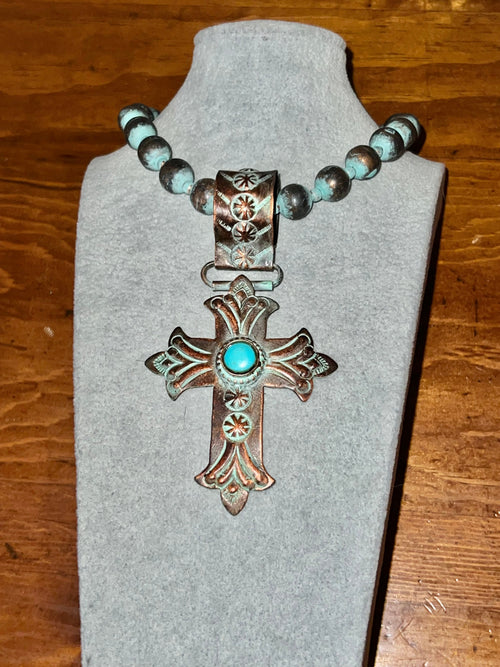 Beaded Necklace with Patina Cross Pendant