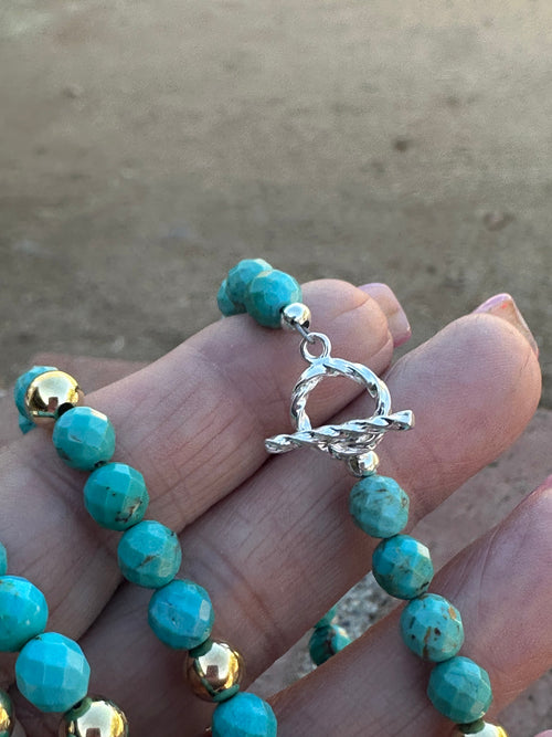 Navajo Sterling Silver with 14kt Gold Overlay Kingman Turquoise Beaded Bracelet