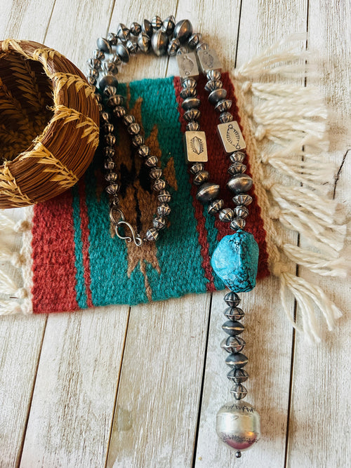 Navajo Turquoise & Sterling Silver Pearl Beaded Lariat Necklace