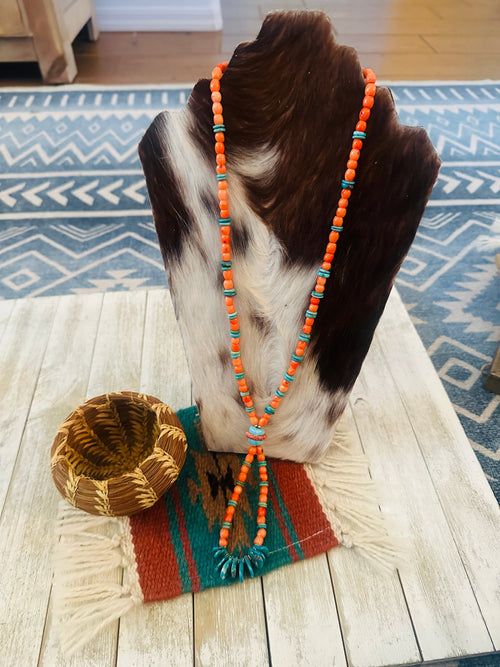Handcrafted Spiny Oyster,  Turquoise & Sterling Silver Beaded Jacla Necklace