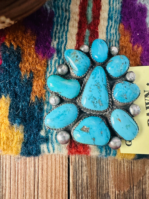 Old Pawn Handcrafted Turquoise and Sterling Silver Cluster Brooch