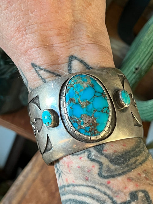 Vintage Old Pawn Sterling Silver and Morenci Turquoise Overlay Cuff Bracelet, Unsigned