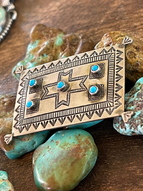 Handcrafted Sterling Silver and Turquoise Rug Brooch by Lee Charley