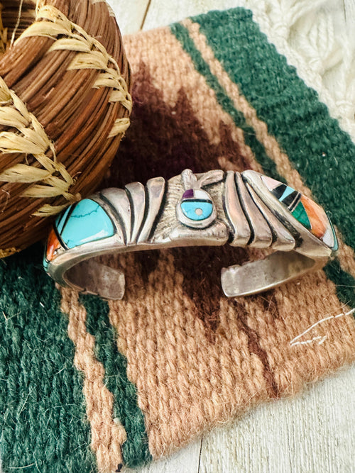 Old Pawn Navajo Multi Stone & Sterling Silver Inlay Cuff Bracelet