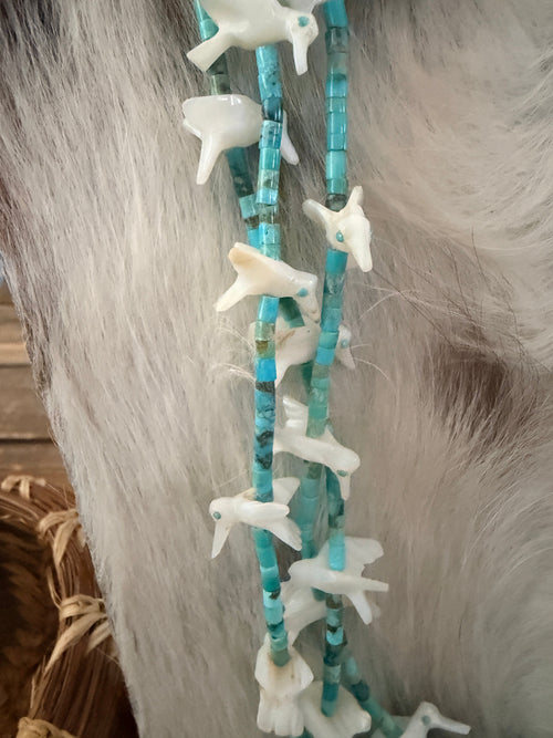 Old Pawn Handcrafted Turquoise & Mother of Pearl Fetish Hummingbird Beaded 29” Necklace
